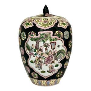Vintage Chinese Famille Noire Porcelain Ovoid Ginger Jar With Lid