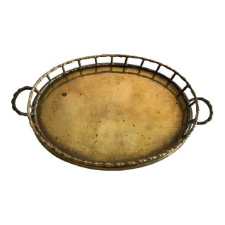 Vintage Brass Mid Century Oval Faux Bamboo Tray For Sale