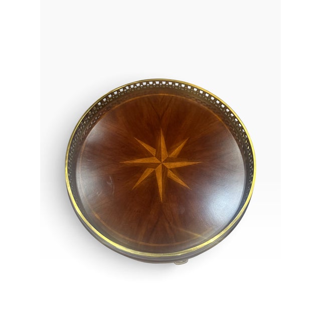 Wood Regency Style Round Mahogany Accent Table With Brass Gallery & Compass Star Top For Sale - Image 7 of 11