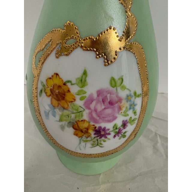 Furstenberg Porcelain Vintage Fürstenberg West Germany Celadon Porcelain Bud Vase With Raised Gilt Floral Cartouche Victorian Revival Hollywood Regency Style For Sale - Image 4 of 9