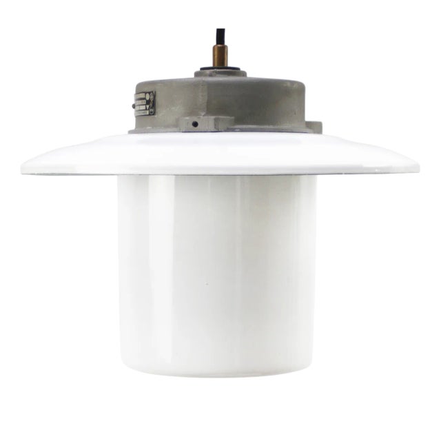 Vintage White Enamel & Opaline Glass Pendant Lamp For Sale