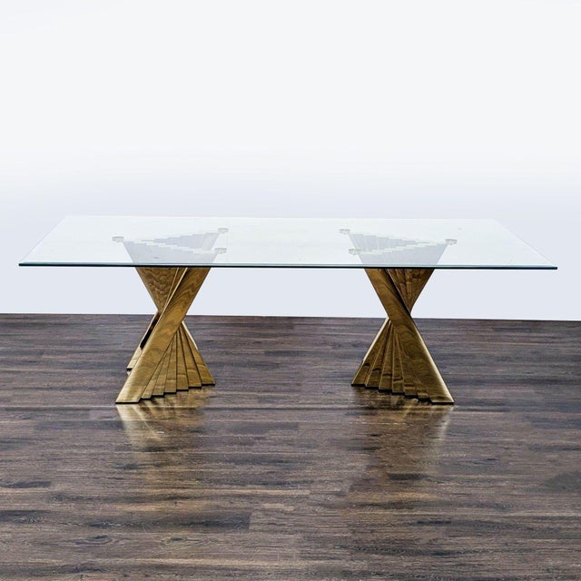 Spiral bar double pedestal base in stainless steel with a brass finish. Beveled glass top. Brand: Willa Arlo Interiors. No...