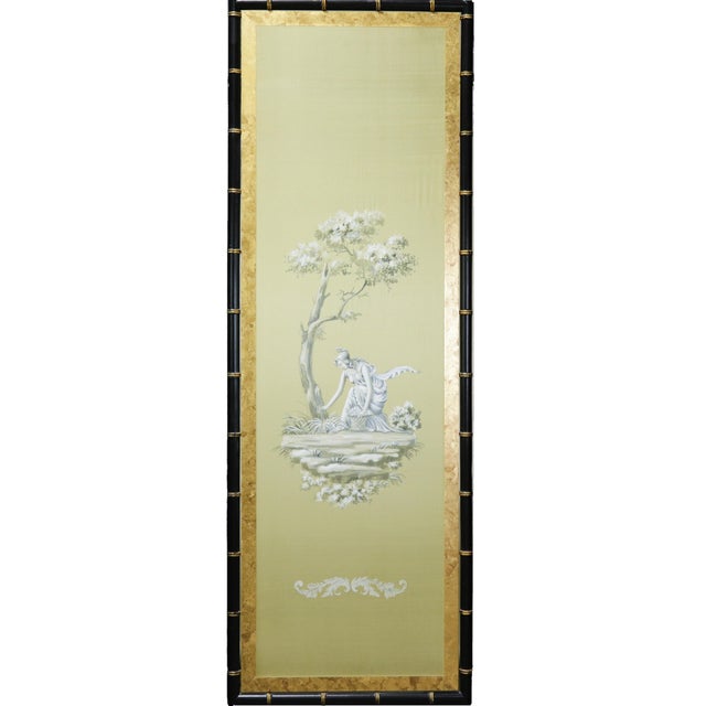 Neoclassical Vintage Neoclassical Four-Panel Folding Screen – Hand-Painted Silk With Faux Bamboo Frame For Sale - Image 3 of 15