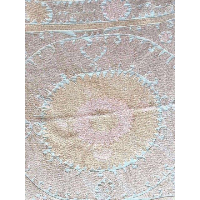 Suzani Embroidered Wall Hanging - Neutral Tan Uzbekistan Embroidery 4'4'' X 4'6'' For Sale In New York - Image 6 of 8
