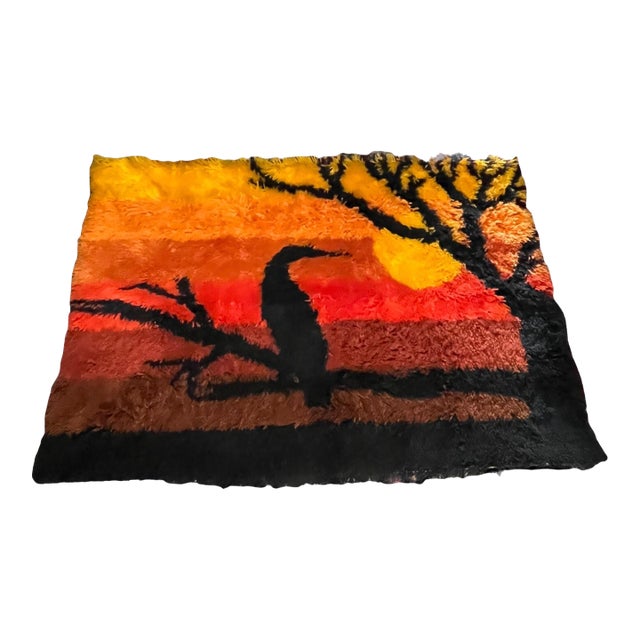VTG Ege Rya Shag Wall Art Rug 70s Mid Century 4' Sunset Bird Tree For Sale