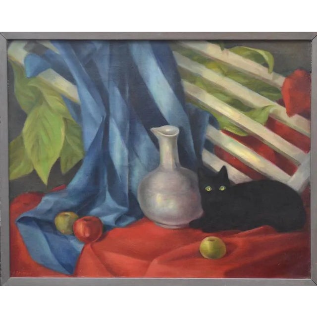 Black Cat & Vase Still Life Painting For Sale