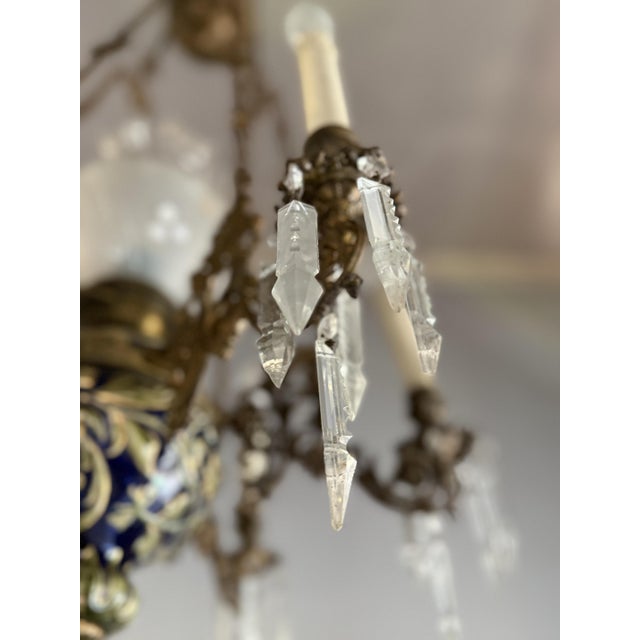 1930s French 7-Light Chandelier in Bronze, Majolica and Crystal, 1930s For Sale - Image 5 of 8
