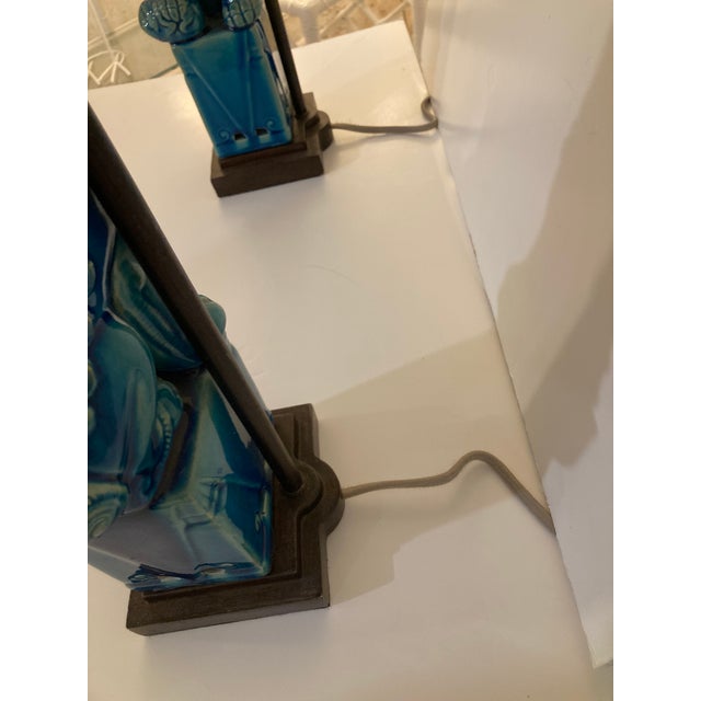 Foo Dog Turquoise Glazed Porcelain Table Lamps With Pagoda Shades - A Pair For Sale - Image 10 of 12