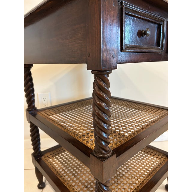 Late 19th Century Late 19th Century British Colonial Side Table-Antique Mahogany End Table-Three Tiered Caned Stand-Barley Twist Legs-Two Drawers For Sale - Image 5 of 12