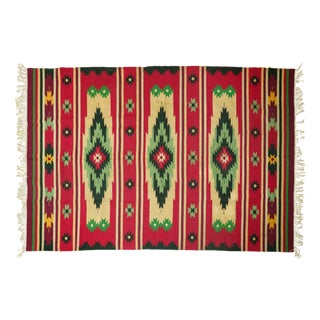 Vintage Romanian Handwoven Wool Rug with Geometric Pattern and Fringe, 1970s For Sale