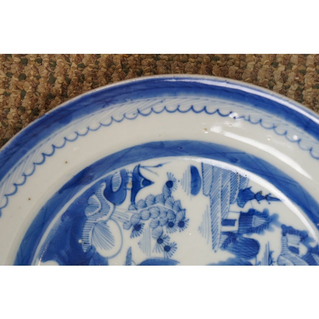 Blue Antique Chinese Export Canton Blue White Pagoda Willow Tree Boat Plates 10" - Set of 16 For Sale - Image 8 of 10