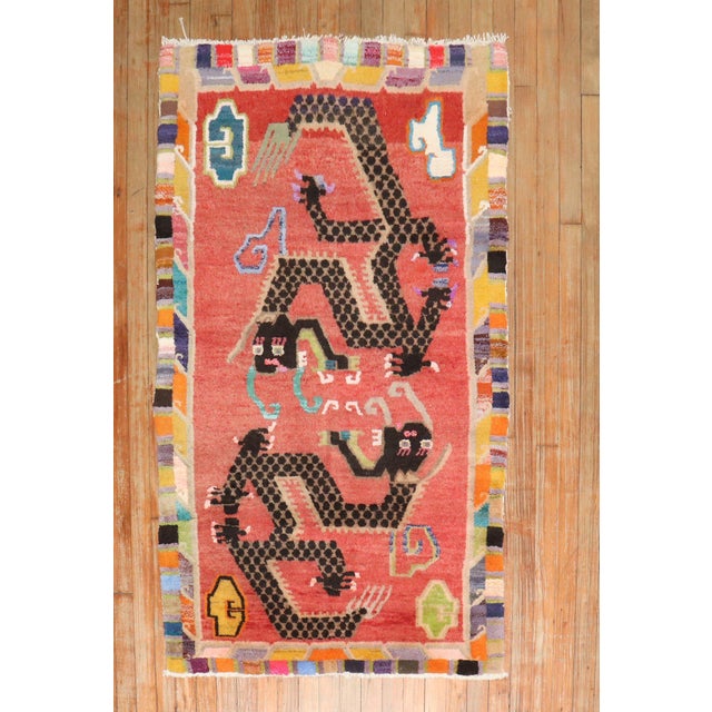 Red Zabihi Collection Colorful Dragon Vintage Tibetan Rug For Sale - Image 8 of 9