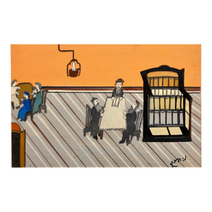 Natan HeberIsraeli Judaica Shtetl "The Lesson" Rabbi Studying Scene Naive Art Oil Painting