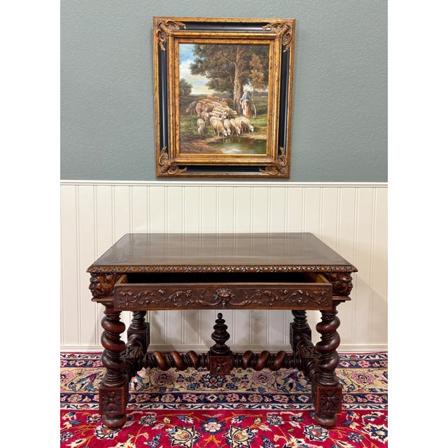 Antique French Henri II Style Writing Desk Barley Twist Carved Walnut 19th C For Sale - Image 9 of 18