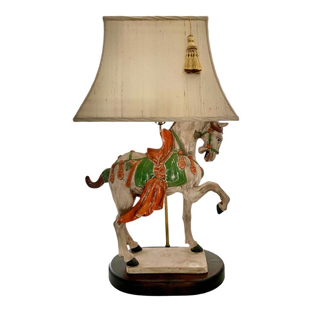Late 20th Horse Lamp Vintage Large Asian Pottery Tang Horse on Wooden Base for Oriental Decor For Sale