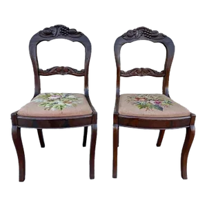 Early 20th Century Pair of Antique Victorian Style Walnut Balloon Back Carved Needlepoint Seat Side Chairs
