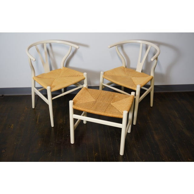 Mid-Century Modern Carl Hansen Wishbone Chairs and One Ottoman Off-White Frames - 3 Pieces For Sale - Image 3 of 16