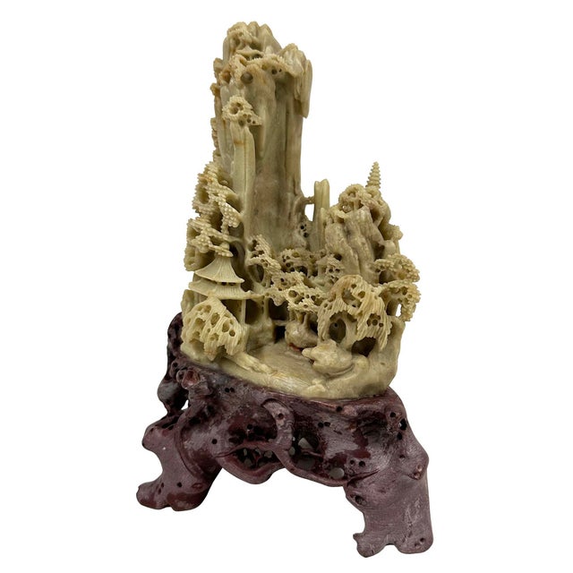 Vintage Hand Carved Chinese Soapstone Mountain Village With Pagoda Landscapes For Sale - Image 9 of 12