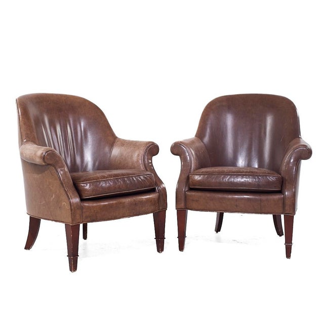 Baker Furniture Brown Leather Barrel Club Lounge Chairs Each lounge chair measures: 33 wide x 33 deep x 37 high, with a...