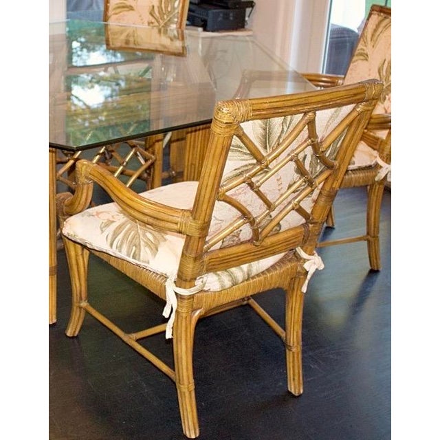 Coastal Vintage McGuire Style Hexagonal Glass Top Dining Set—Set of Seven For Sale - Image 3 of 5