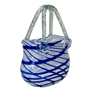 Vintage Blown Art Glass Blue Stripe Handbag Purse Vase