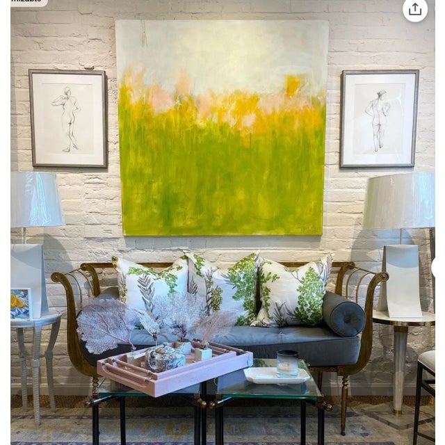 Abstracted landscape in acrylic, pastel, and colored pencil. 48 x 48 x 1.5. Edges painted white, back wired, ready to hang.