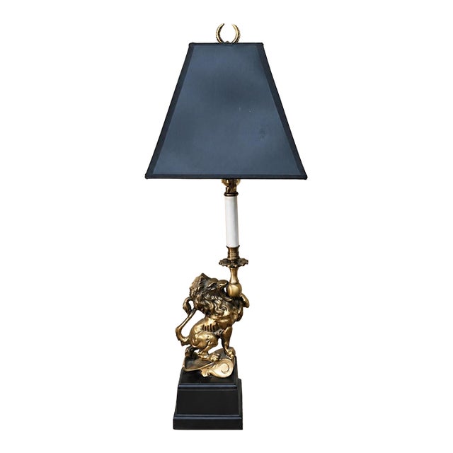 20th Century Brass-Tone Lion Table Lamp, Neoclassical Black Shade, 28.5 Inch For Sale