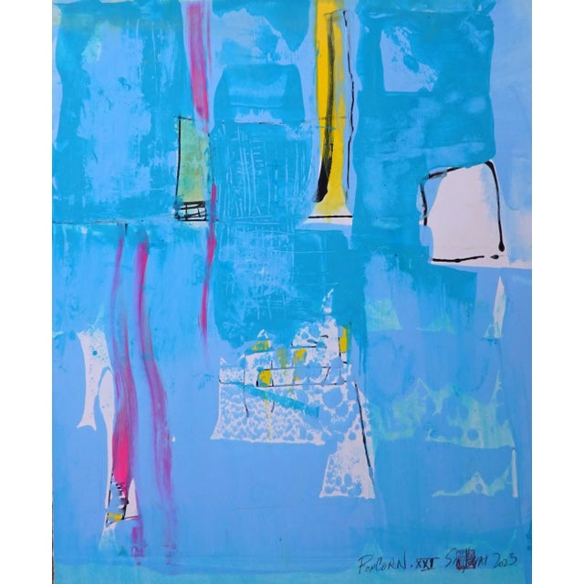 Popcorn. XXI Abstract Silver Framed Blue Painting For Sale - Image 4 of 4