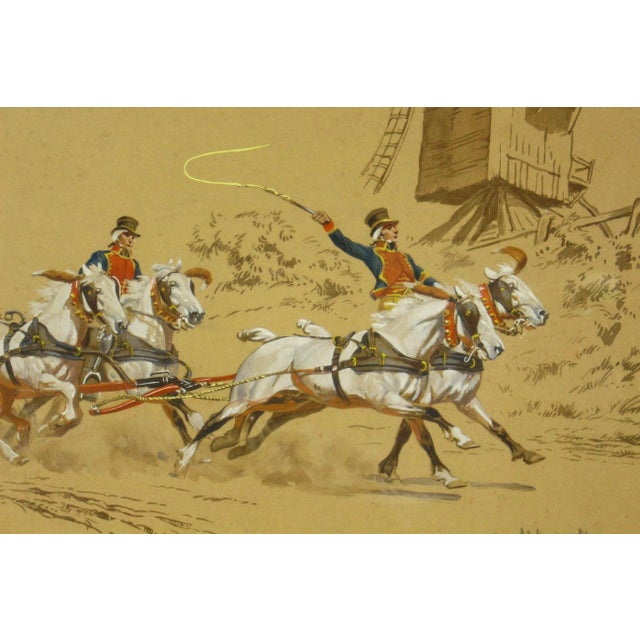 French Antique De Marcillac French Gouache and Watercolor Painting of a Stage Coach & Windmill For Sale - Image 3 of 8