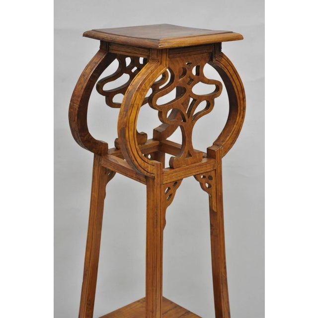 Vintage French Art Nouveau Style Carved Teak Pedestal Plant Stand Side Table For Sale - Image 9 of 18