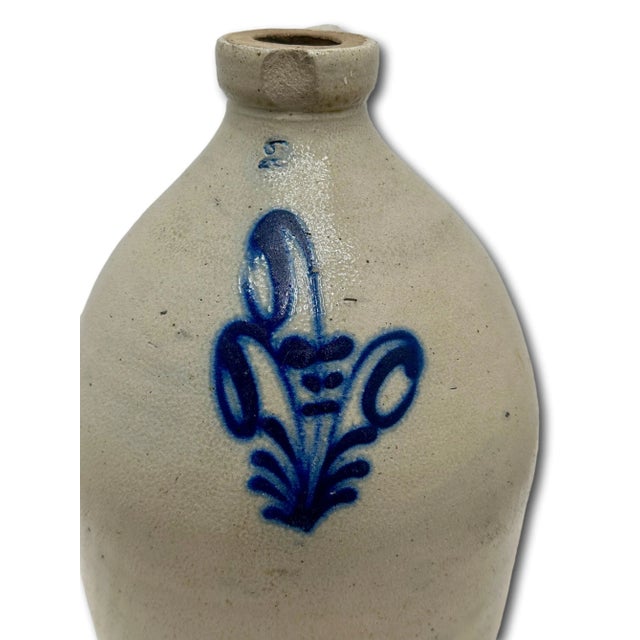Late 19th Century Very Nice Blue Color Hand Decorated Antique American 2 Gallon Size Stoneware Jug - Circa 1870s For Sale - Image 5 of 18