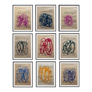 Contemporary Color Spontaneous Abstract Paintings on Music Score Sheets by Diane Grant - Set of 9 For Sale