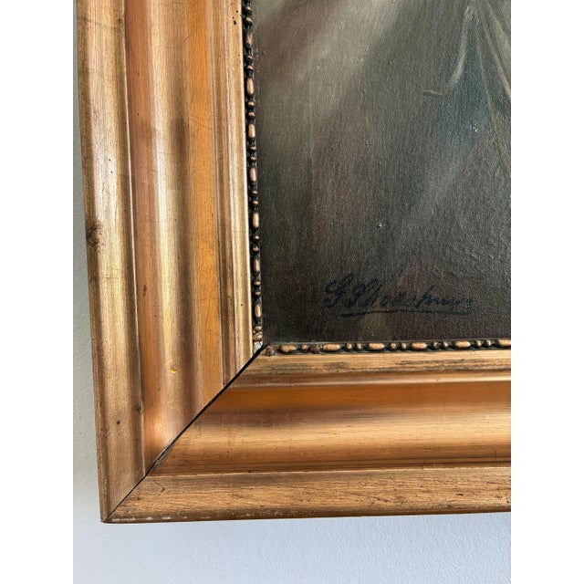 This original vintage oil painting from around 1940, shows the head of a white horse against a deep brown background. The...