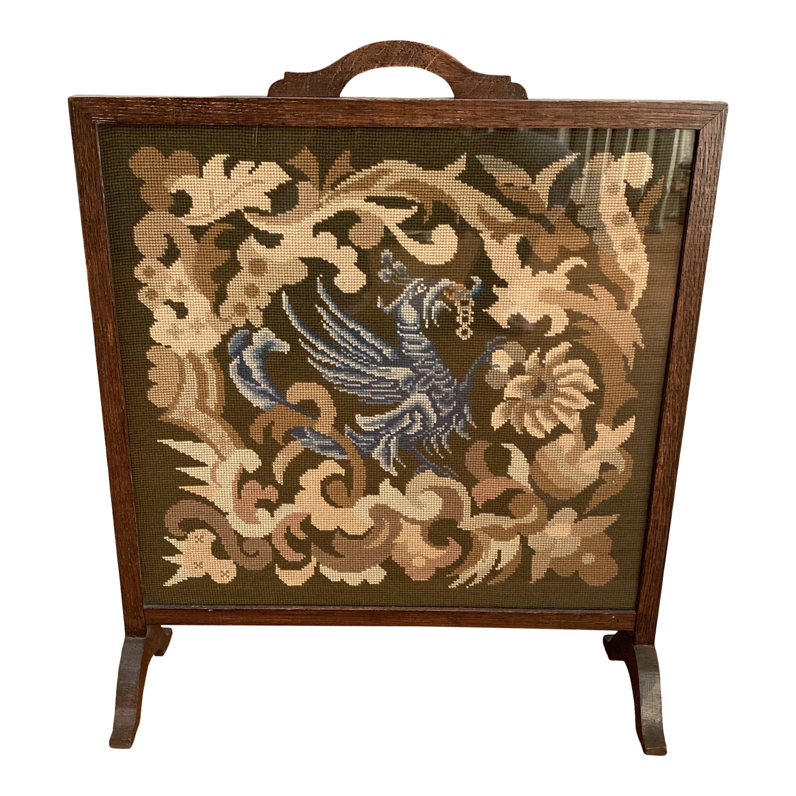 Antique Early 20th Century Needlepoint Fireplace Screen in Oak Frame