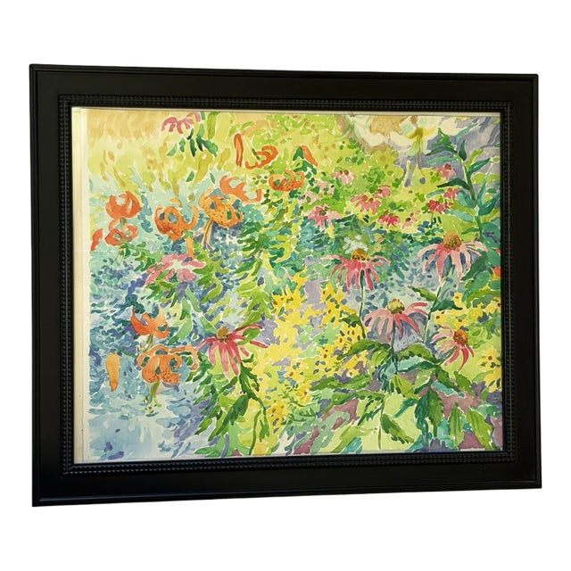 Original Framed Vibrant 'Field of Flowers' Watercolor Painting For Sale