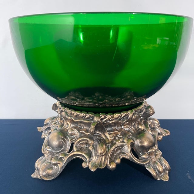 Art Deco Emerald Green Art Glass Centerpiece Bowl on Ornate Hollywood Regency Pedestal Stand For Sale - Image 3 of 12