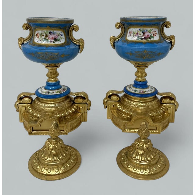 Antique Pair Celeste Blue French Sèvres Porcelain Ormolu Urns Vases Centerpiece For Sale - Image 6 of 7
