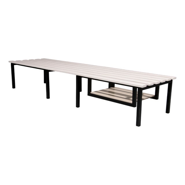Vintage White Wooden Bench with Black Metal Frame, 1950s For Sale