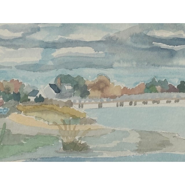 Mid-Century Modern Mid 20th C. Original Watercolor on Paper With Period Hardwood Frame - Coastal Harbor For Sale - Image 3 of 7