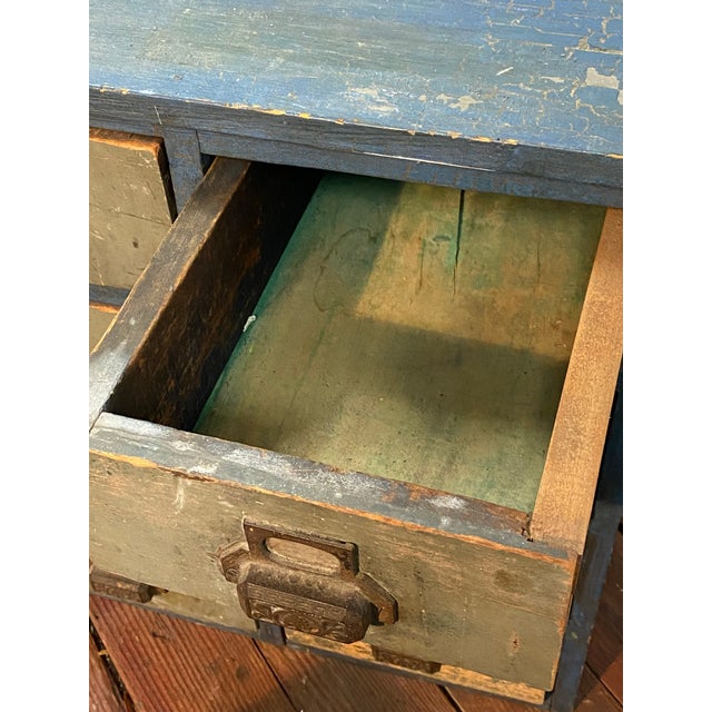 Blue Early 20th Century Weathered Eight Drawer Apothecary Workshop Cabinet For Sale - Image 8 of 17