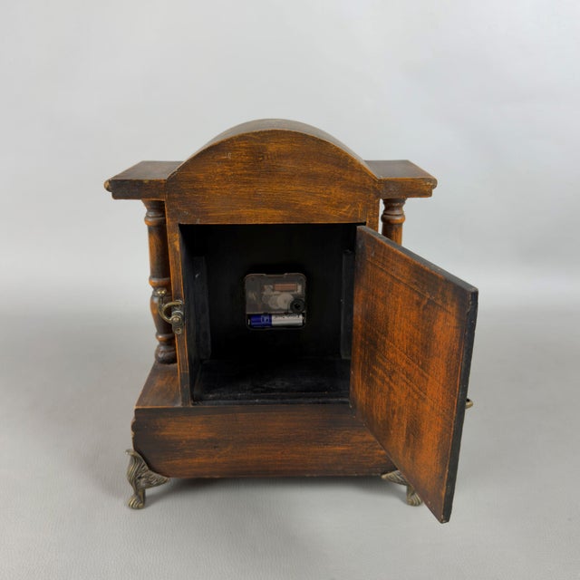 Metal Vintage Table Clock Support Pendulum Temple Wood Columns Drawer For Sale - Image 7 of 11
