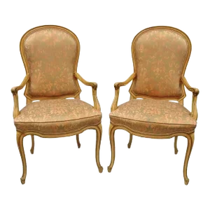 Mid 20th Century Italian Provincial French Hollywood Regency Upholstered Dining Arm Chairs - Pair