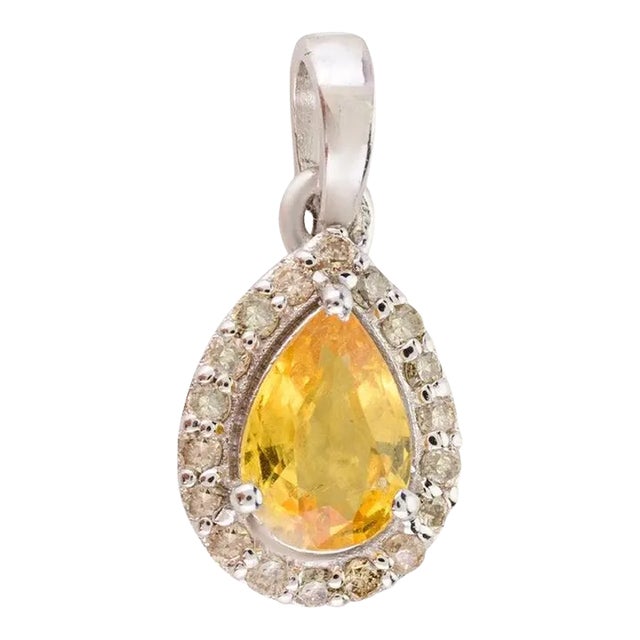 Natural Yellow Sapphire & Halo Diamond Pear Cut Pendant For Sale