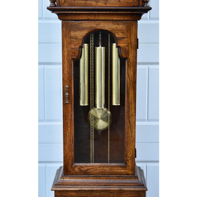 Ridgeway Oak Grandfather Clock Jacobean Style Barley Twist Tempus Fugit For Sale - Image 13 of 18
