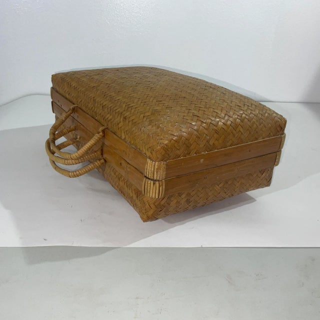 Mid-Century Boho Chic Bamboo Suitcase Style Storage Basket For Sale - Image 6 of 9
