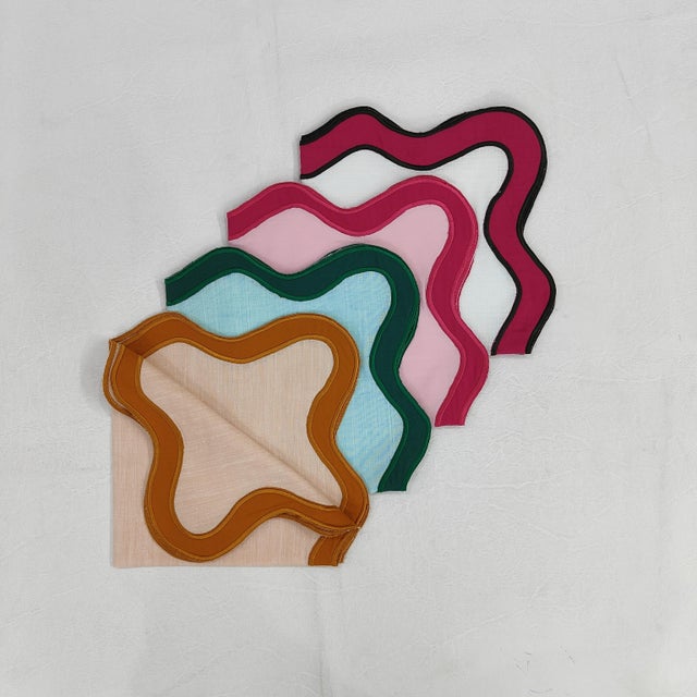 Sand Handmade Wave Scalloped Napkins, Sand with Ochre Trim - Set of 4 For Sale - Image 8 of 9