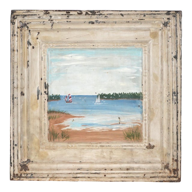 Hand Painted Scenic Sailboat Tin Ceiling Wall Panel For Sale