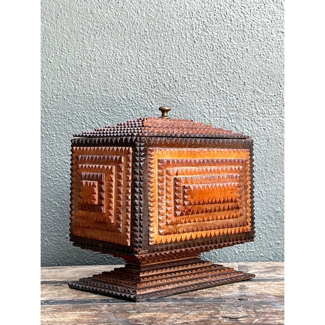 Vintage Tramp Art Wood Box on Pedestal For Sale - Image 13 of 17
