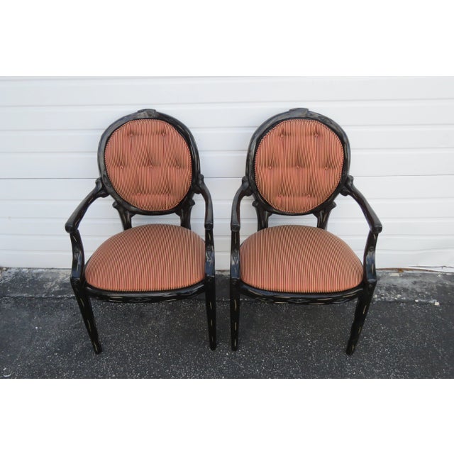 Hollywood Regency Pair of Painted Black Side Livingroom Fireplace Chairs For Sale - Image 10 of 13