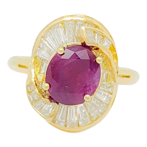 GIA Burma Ruby Oval and White Diamond Ring in 18k Yellow Gold, size 6.25